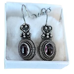 Elegant 925 Silver and Rhodolite Garnet Gemstone Wired Drop Pierced Earrings